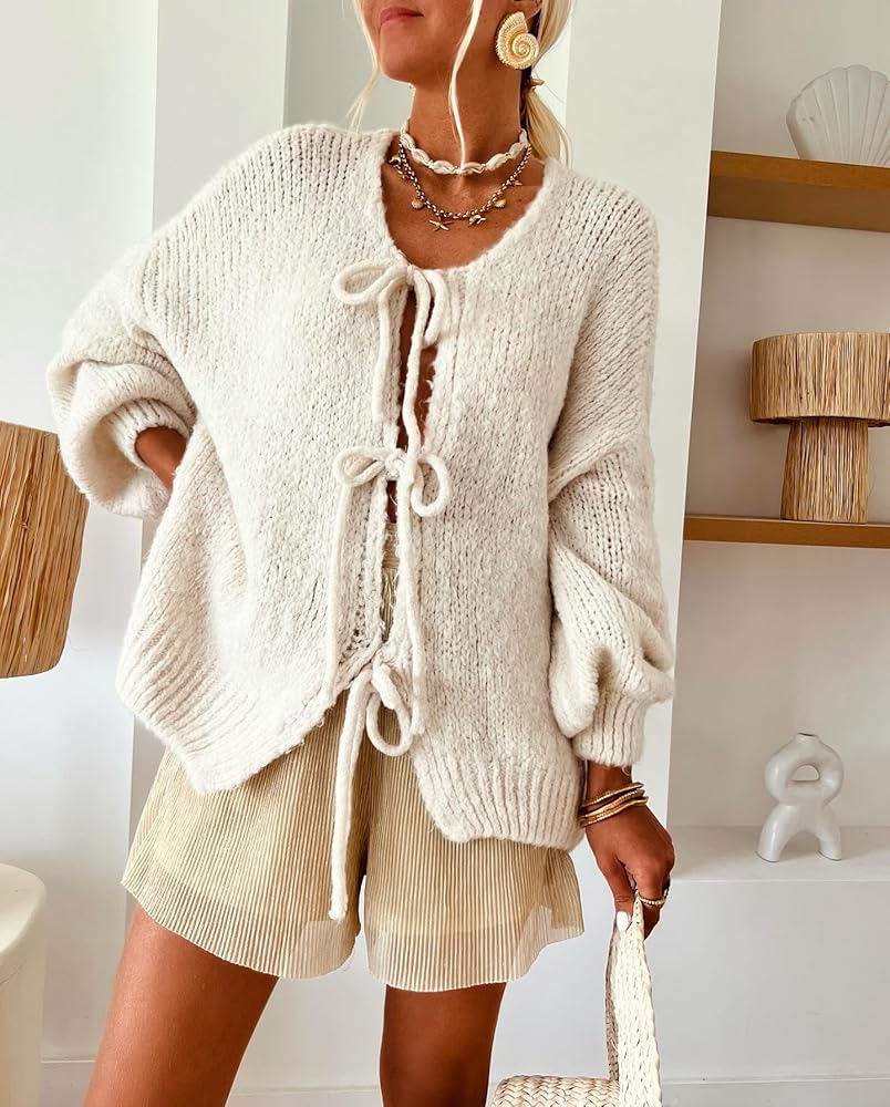 AUJUBUY Tie Front Cardigan Sweater Women's Y2K Loose V Neck